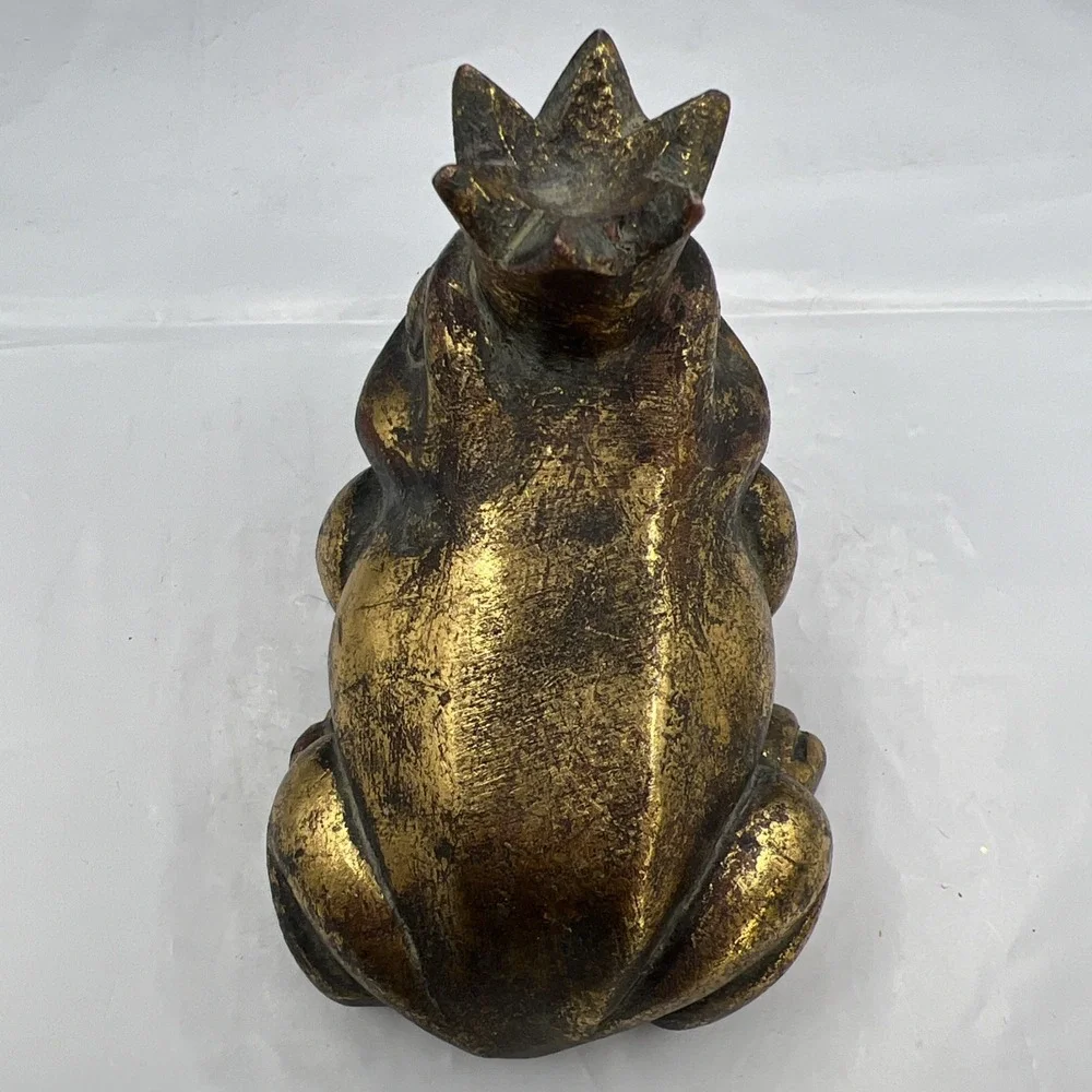 Resin Frog Prince Statue Crown Figurine Gold Finish Verdigris Patina Garden Deco